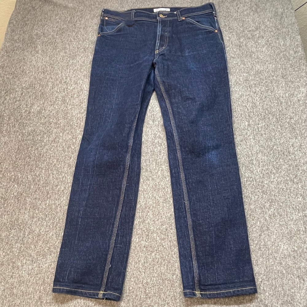 Topo Designs Mens Straight Leg Denim Jeans Dark Wash Indigo Blue Size 34